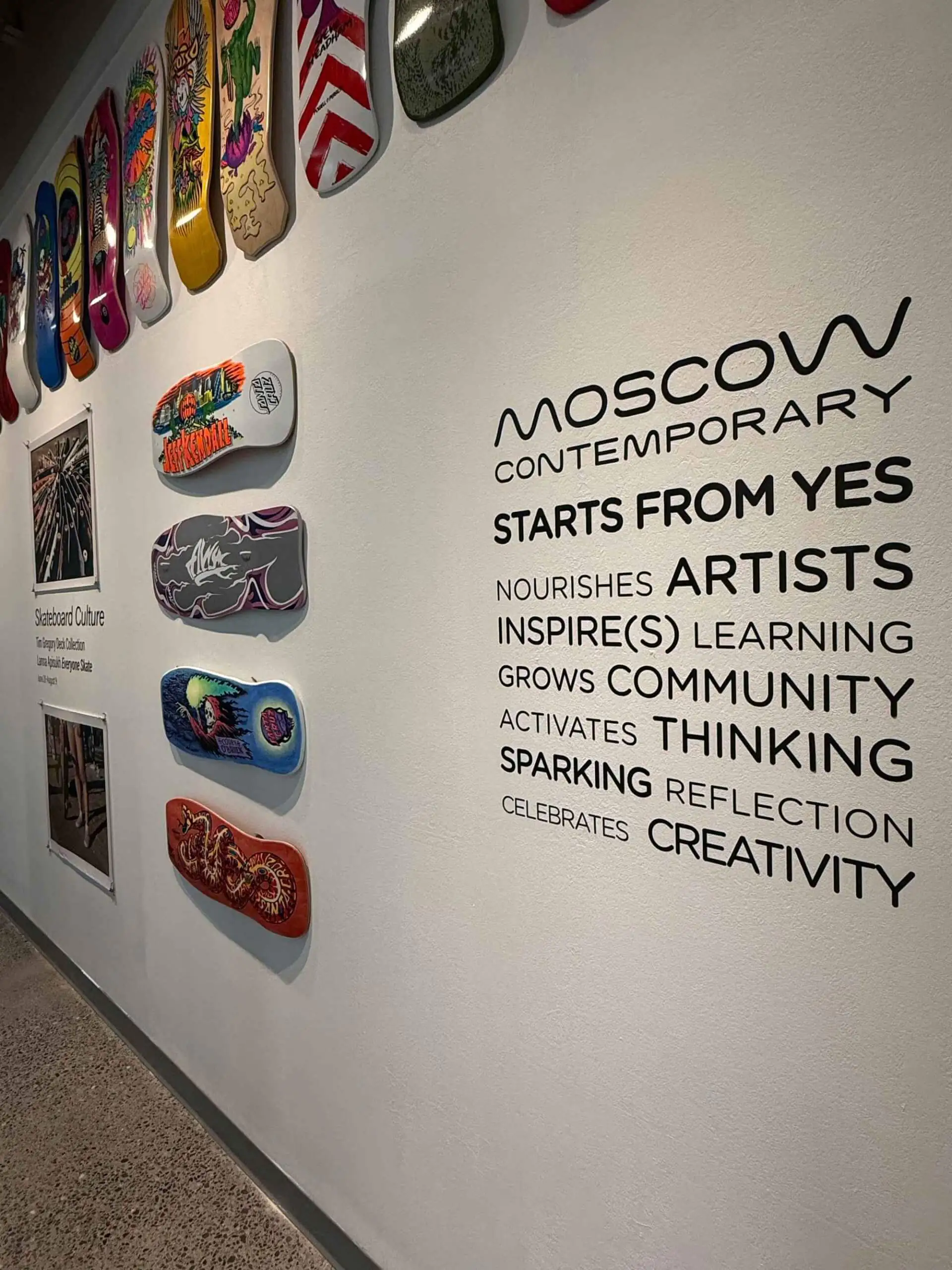 Art Galleries Skateboard art installation and creativity quote at Moscow Contemporary